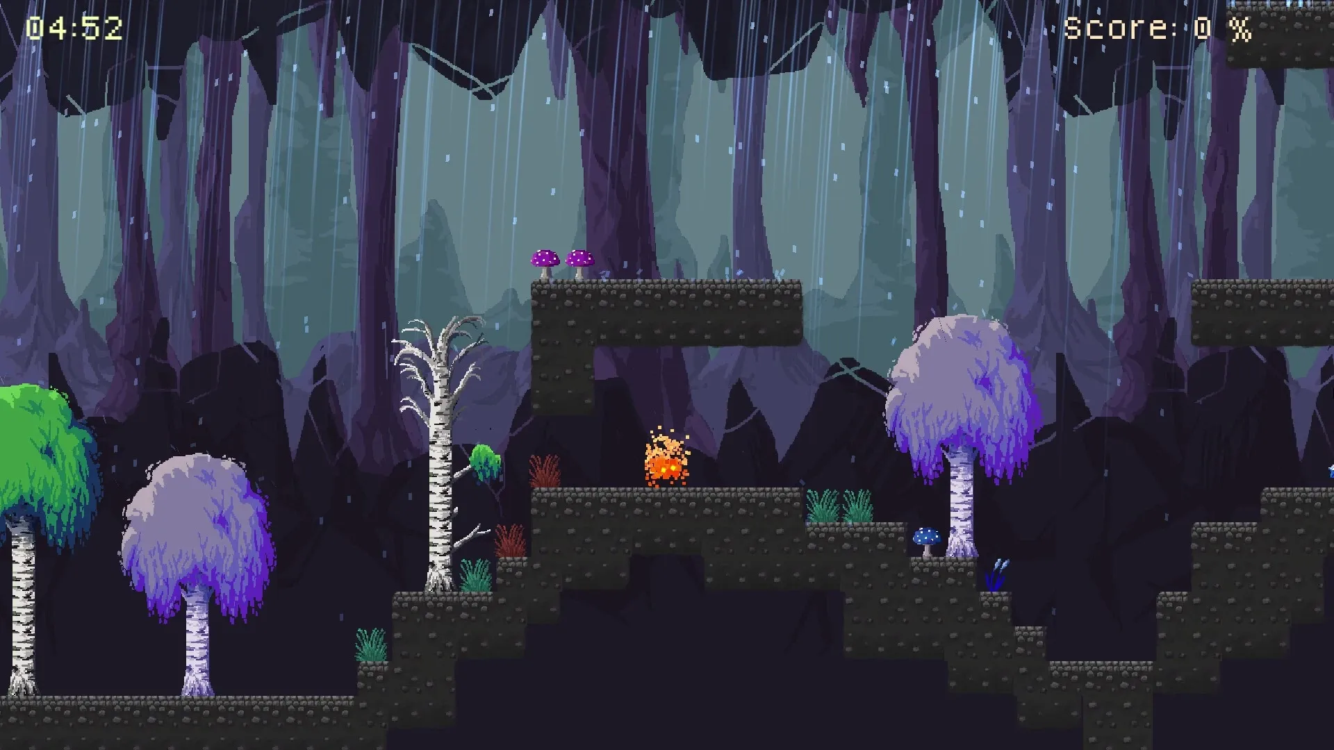 Liekki: Fire spirit navigates dark forest platform with colorful trees and mushrooms under rain.