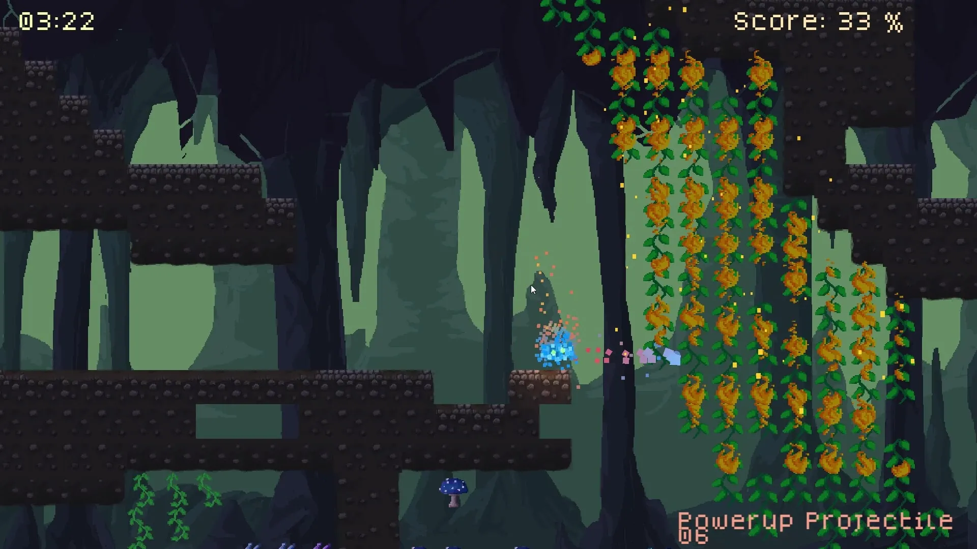 Liekki: Fire spirit jumping near vines in dark forest, score 33%, timer at 3:22, powerup displayed.
