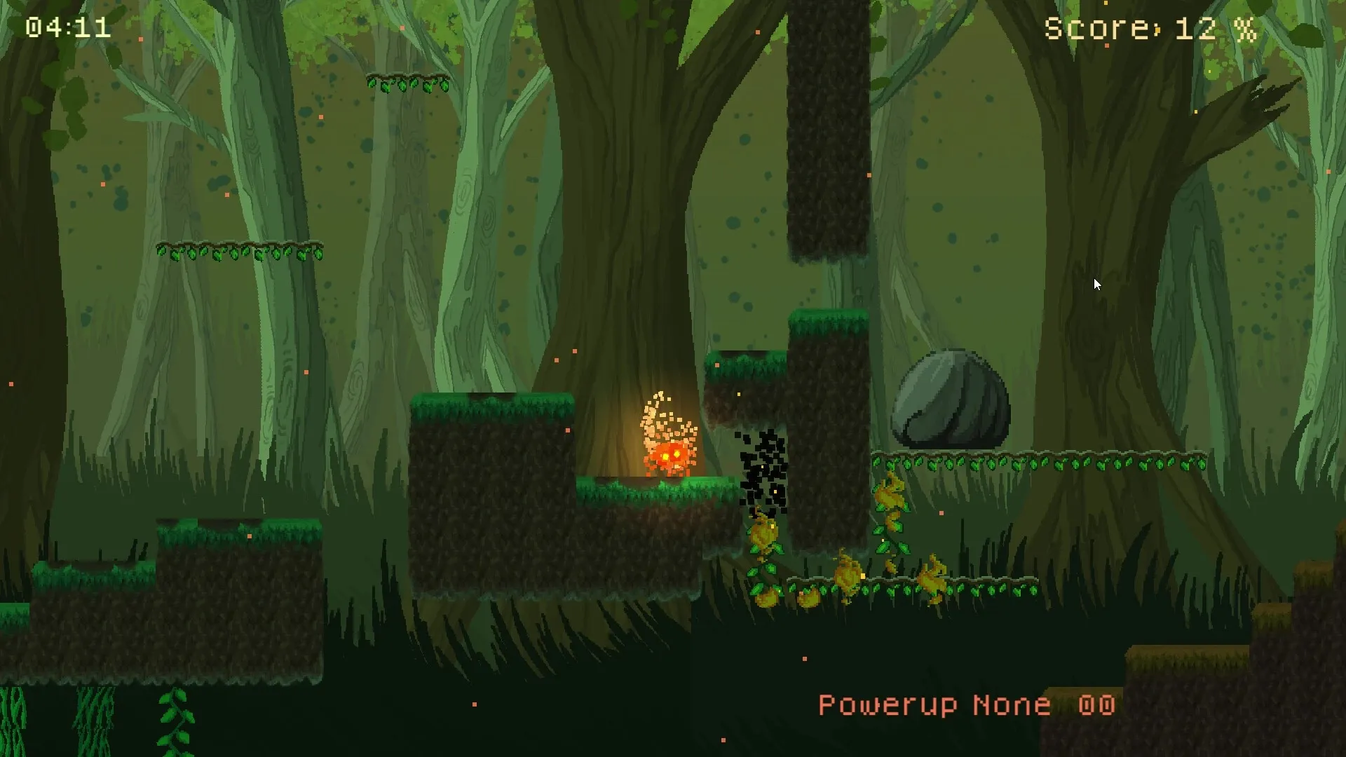 Liekki: Fire spirit ignites plants in a dense forest setting with timer and score displayed