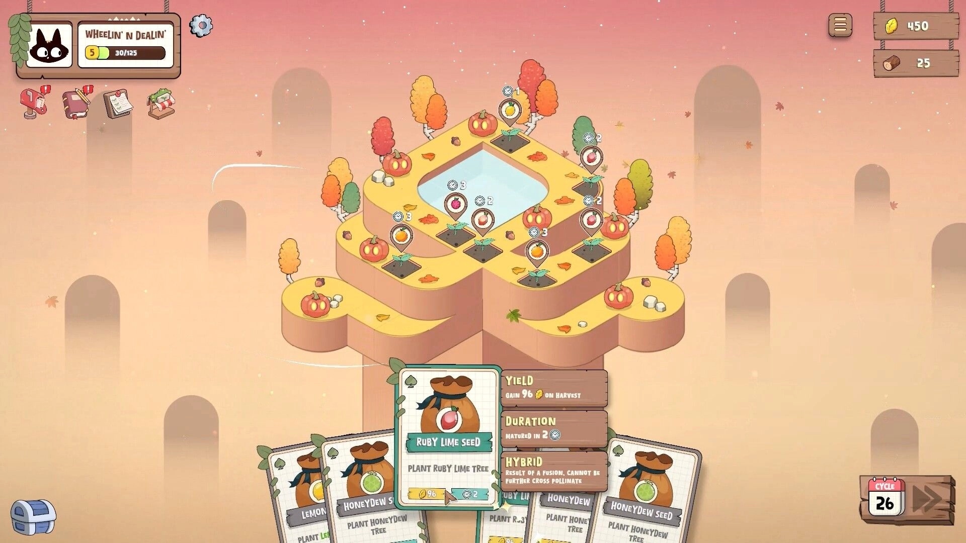 Life and Lemon: Orchard map with planted seed plots and Ruby Lime Seed card details in autumn skyland.