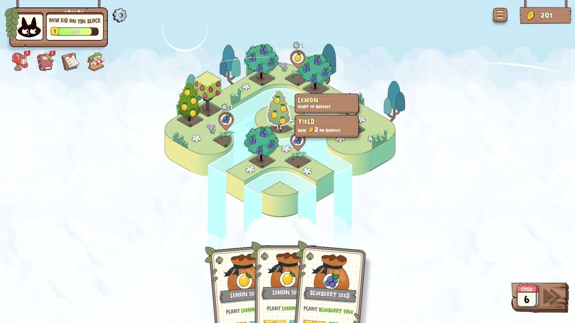 Life and Lemon: Orchard map with lemon harvest tooltip and seed cards on a floating island above clouds.