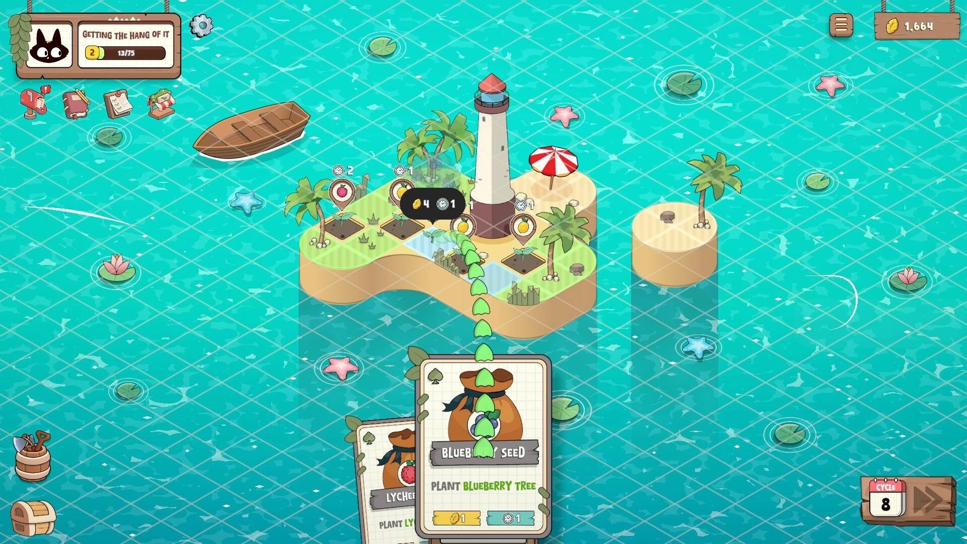 Life and Lemon: Playing a Blueberry Seed card to plant trees on a tiny lighthouse island map UI.