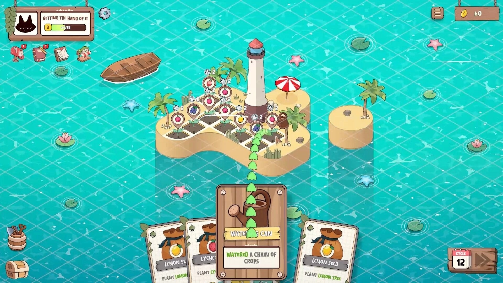 Life and Lemon: Watering can card waters a chain of crops on a tiny lighthouse island farm map.