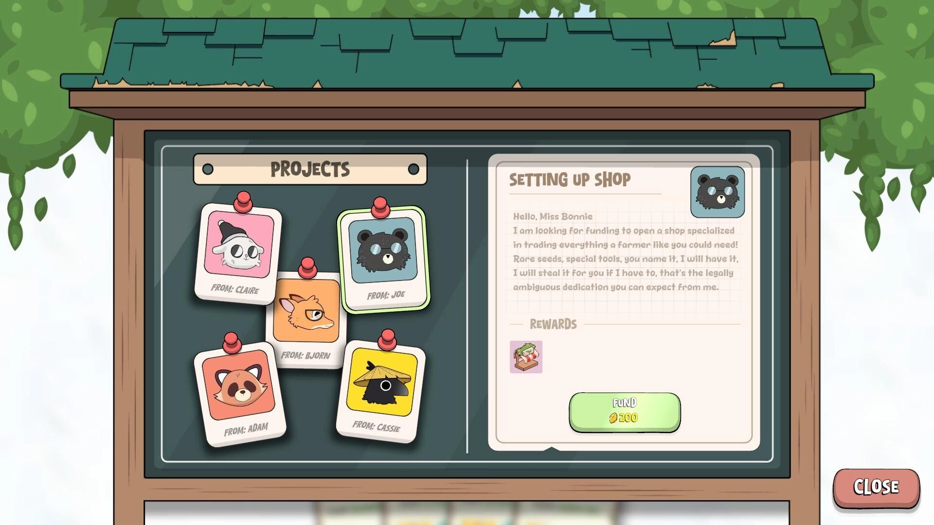 Life and Lemon: Projects bulletin board with pinned requests and "Setting Up Shop" funding letter UI panel.