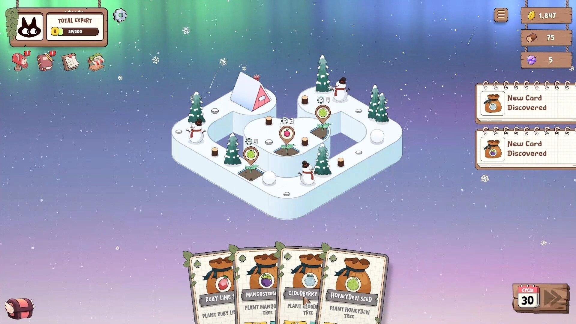 Life and Lemon: Winter orchard board with seed plots and cards, new card discovered notices on right UI.