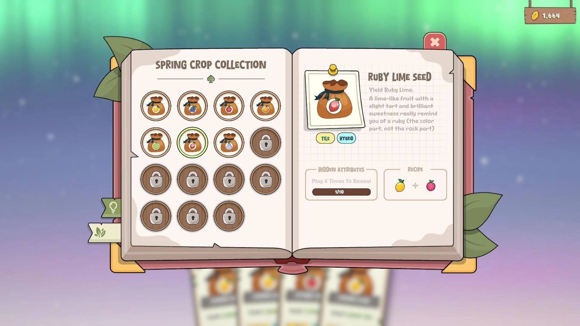 Life and Lemon: Spring Crop Collection book UI highlighting Ruby Lime Seed with recipe and locked slots.