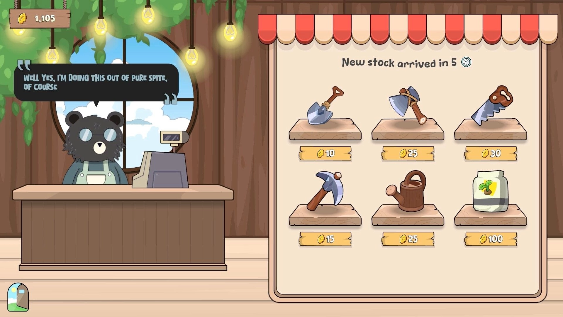 Life and Lemon: Shopkeeper dialogue and tool shop menu with shovel, axe, saw, and watering can prices.
