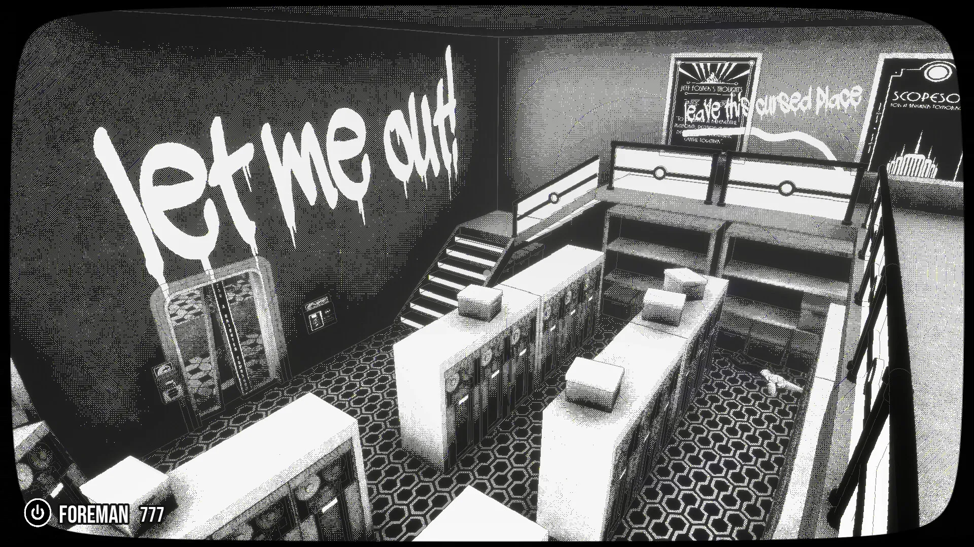 Lifelong: Marcel in a monochrome office with graffiti reading "let me out" and visible storage lockers