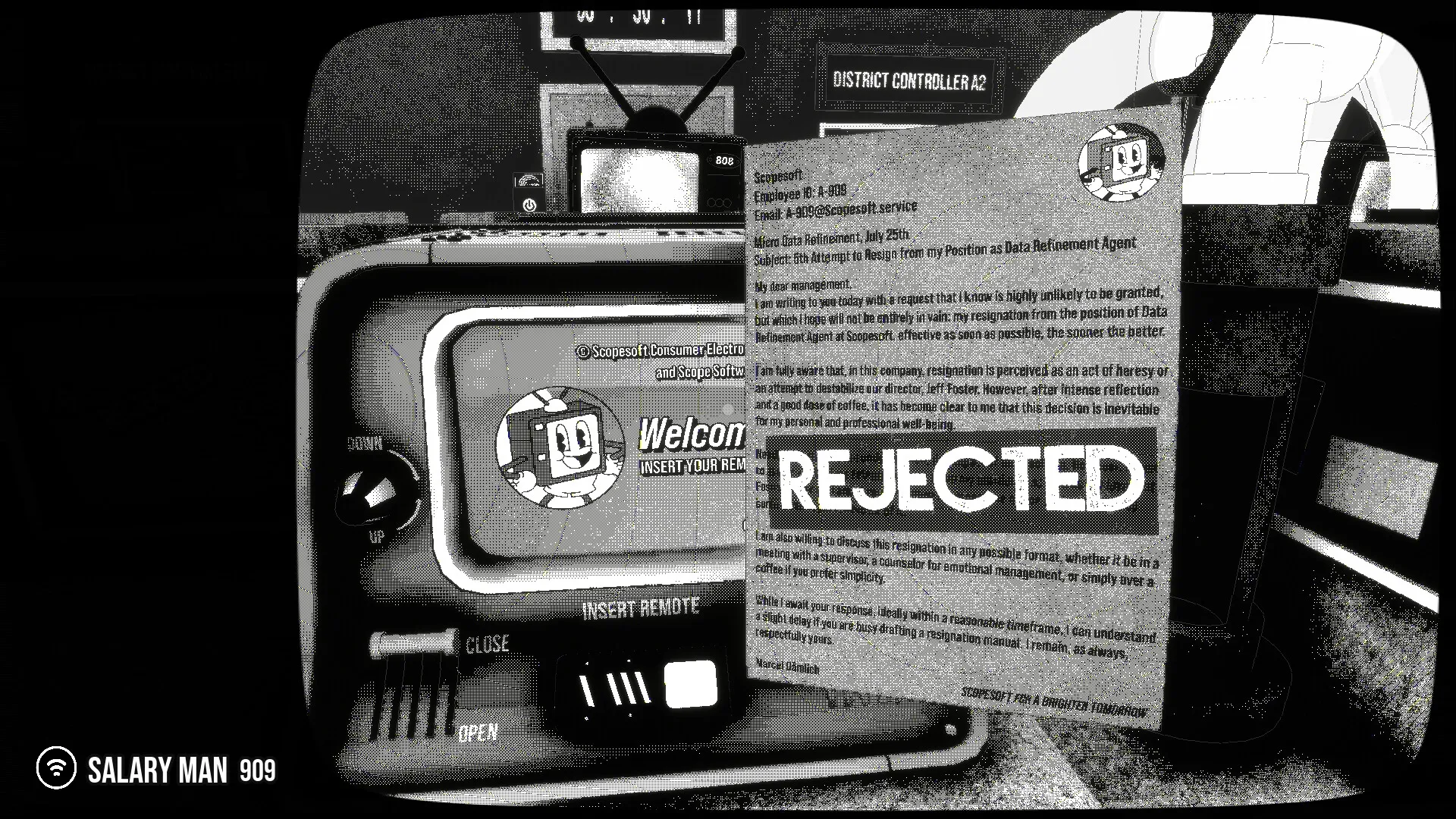 Lifelong: Employee resignation letter marked "REJECTED" on retro TV screen in a dim office setting.