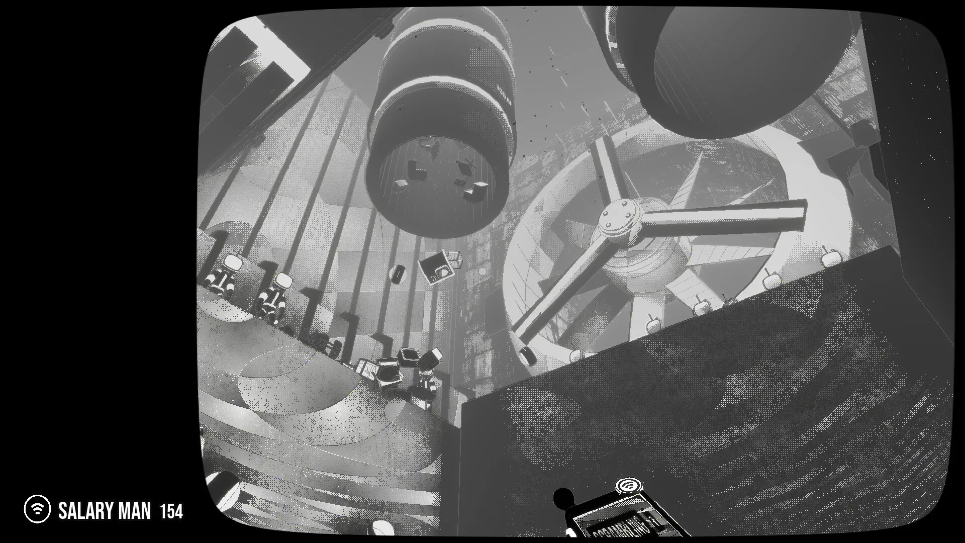 Lifelong: Overhead view of office with large fan, chairs, scattered papers, and "SALARY MAN 154" UI.