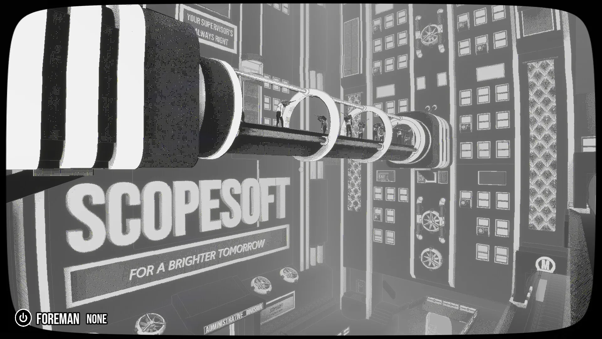 Lifelong: Employees traverse futuristic walkway in Scopesoft's towering office complex with signage.