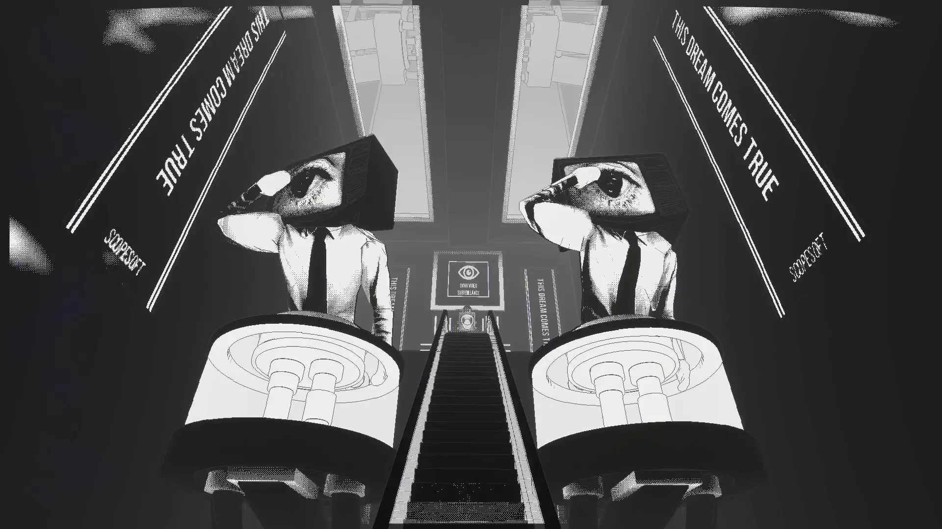 Lifelong: Twin statues with TV heads flank a stairway in a monochrome corporate lobby with slogans.