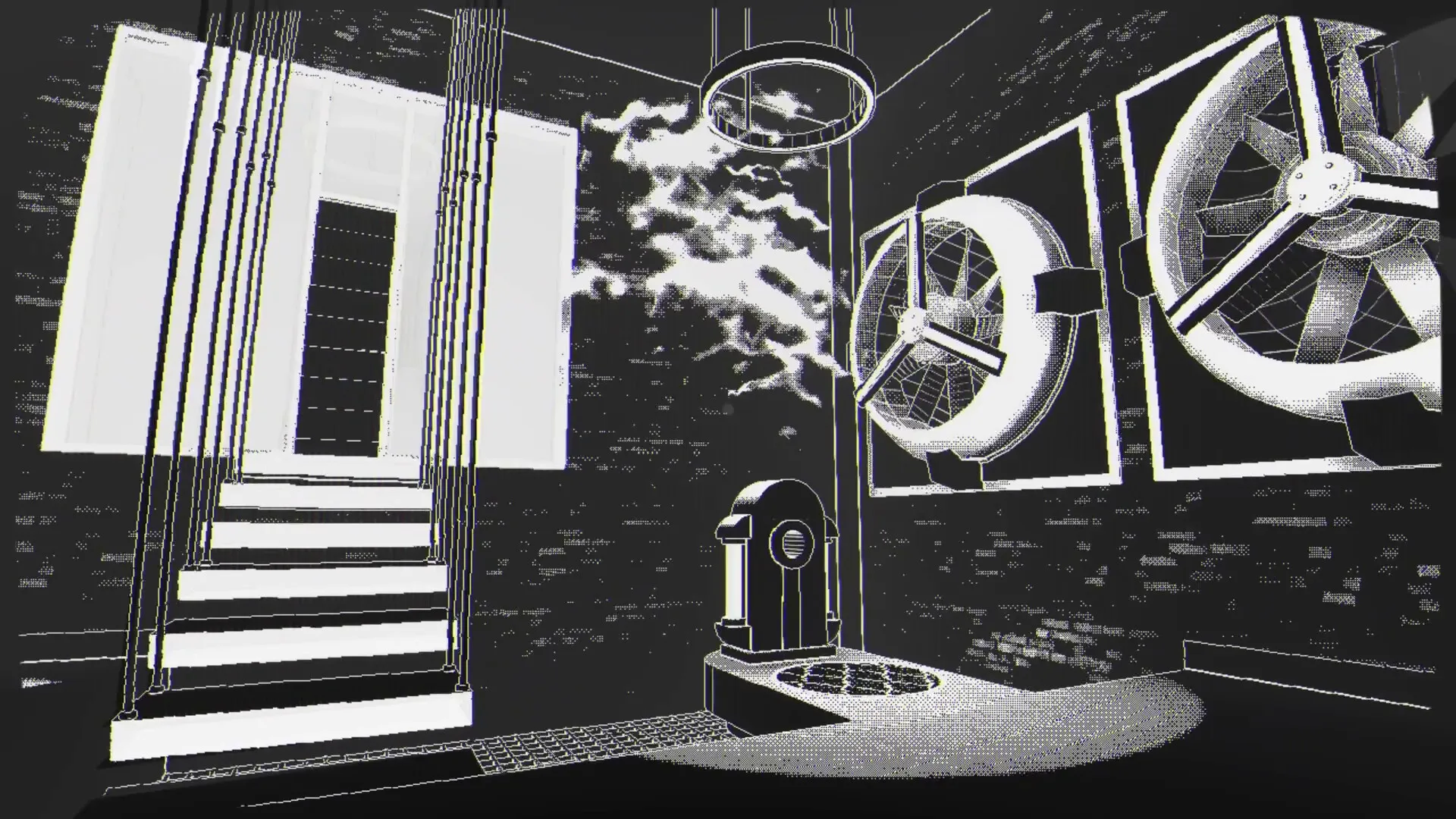 Lifelong: Monochrome industrial room with stairs, large fans, and a smoke effect in a dim environment.