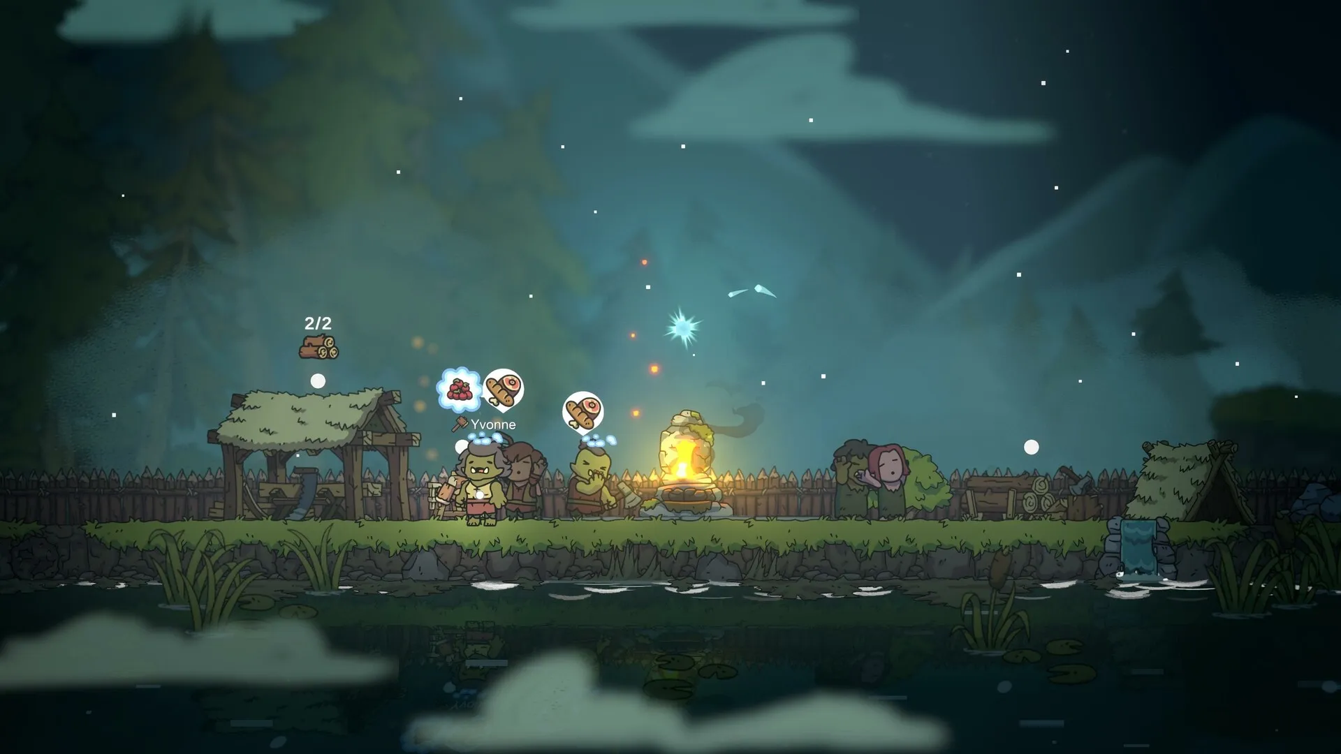 Liftlands: Yvonne leads villagers by a campfire at night in a forest clearing with wooden structures.
