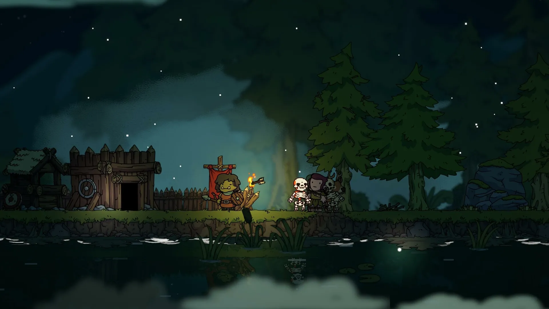 Liftlands: Nighttime forest scene with characters near a wooden fort and a torch beside a river