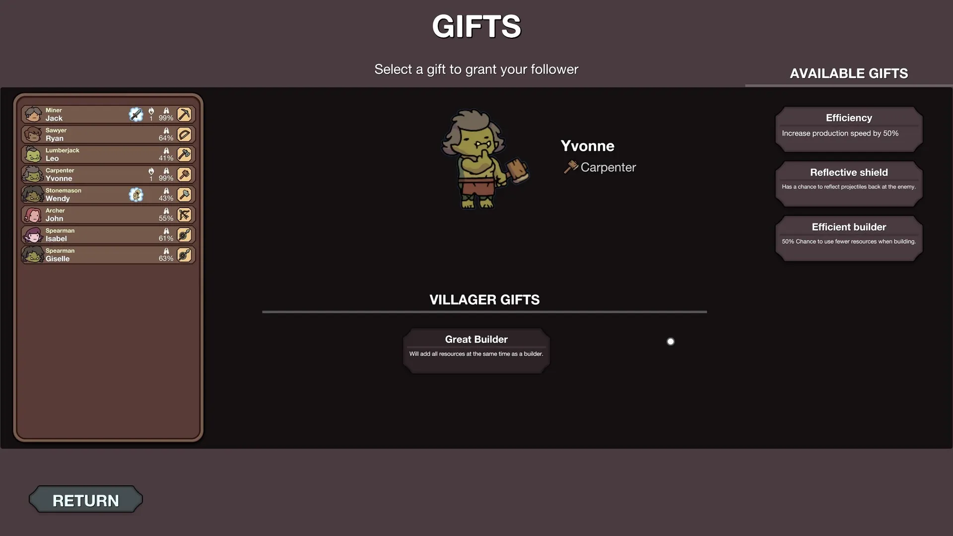 Liftlands: Select a gift for Yvonne the Carpenter from available options in the gifts menu