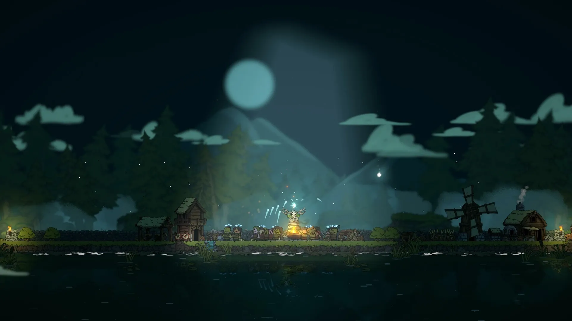 Liftlands: Followers gather around a glowing statue under a moonlit forest sky with scattered clouds.