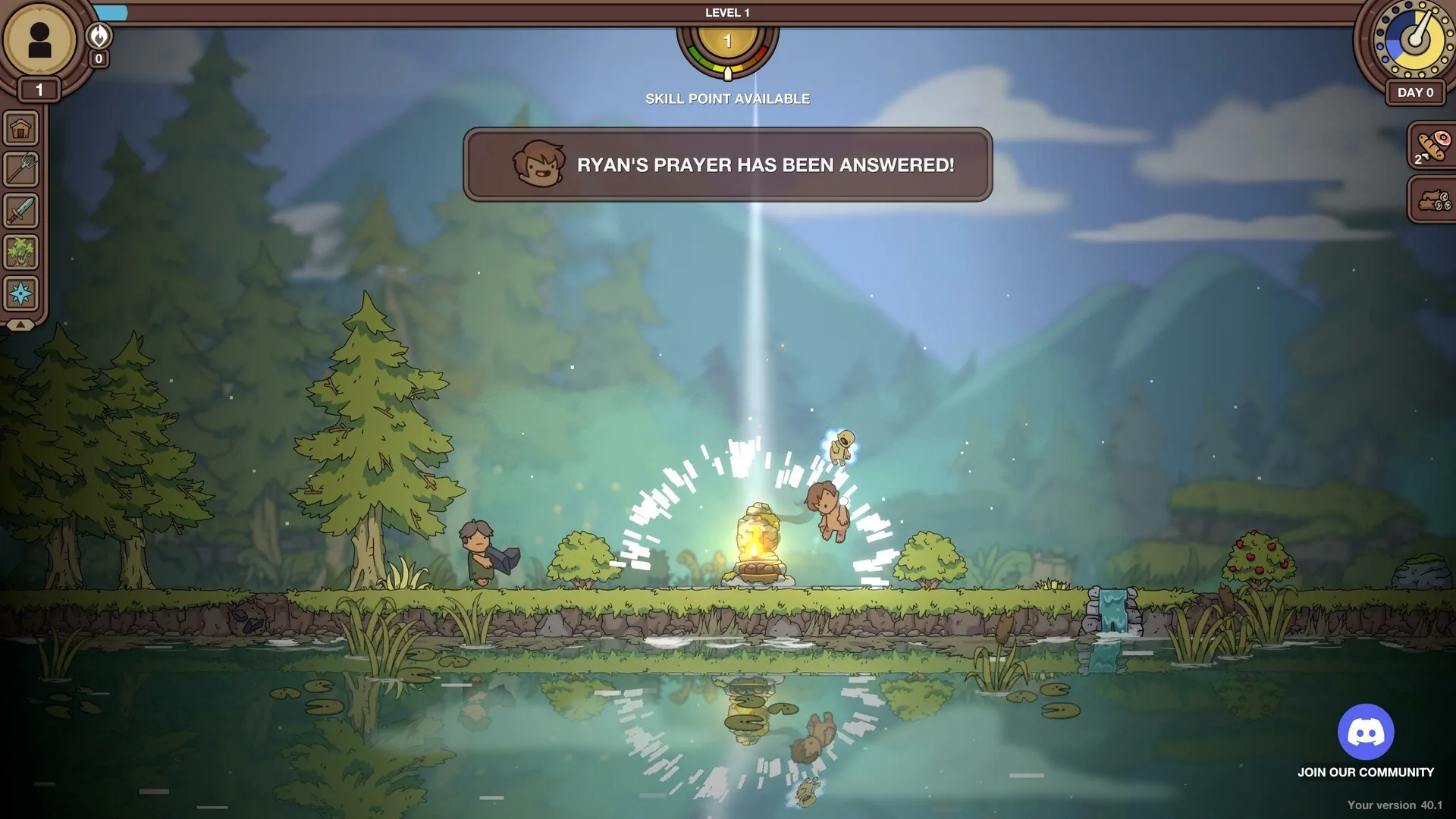 Liftlands: Ryan's prayer answered with divine light in a lush forest setting near a reflective pond