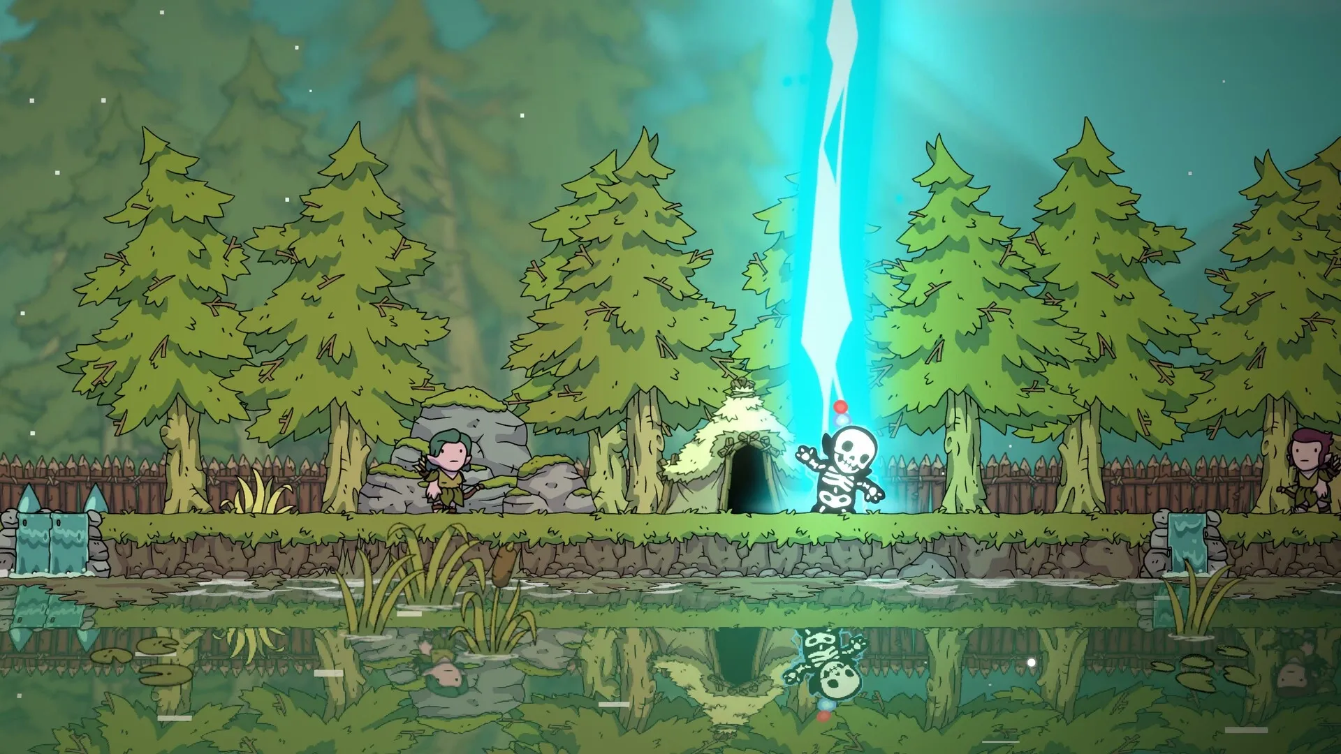 Liftlands: Skeleton struck by divine light in a forest with characters hiding near trees and a pond