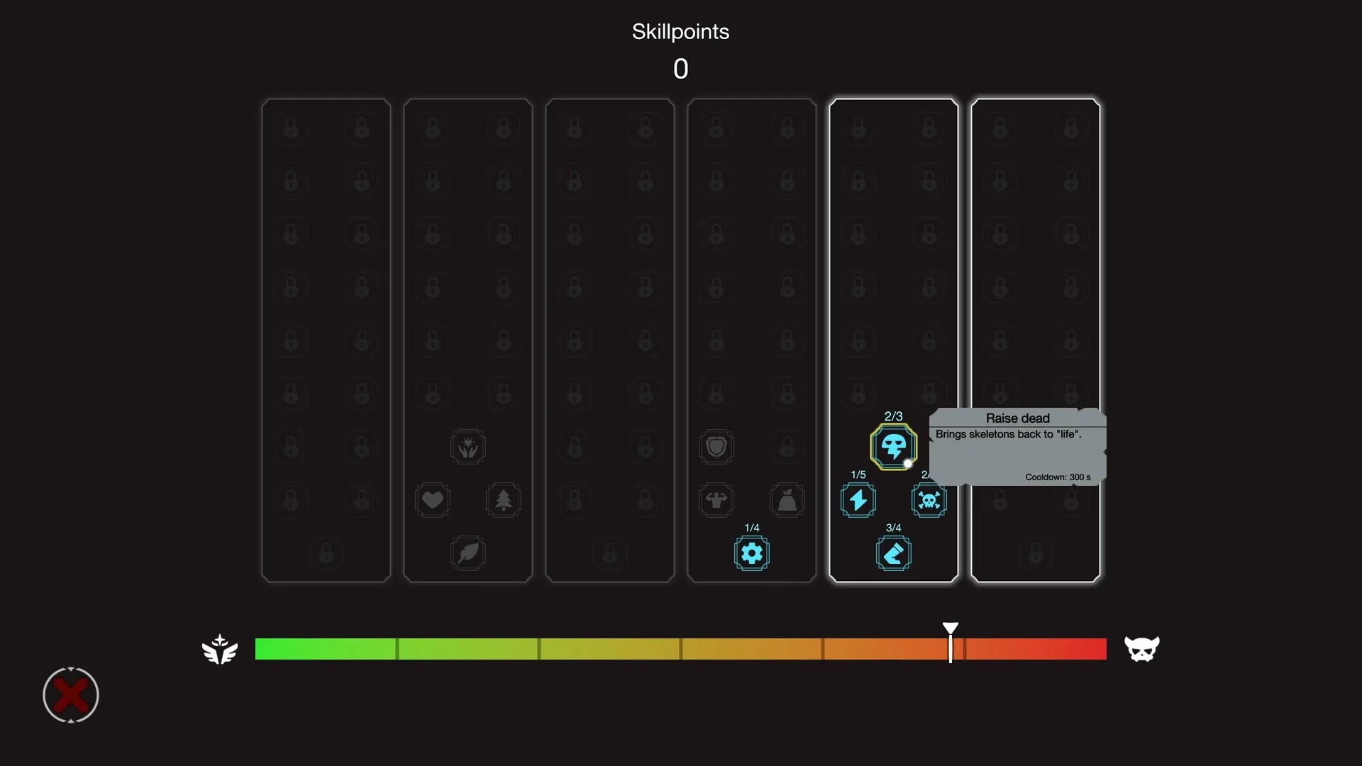 Liftlands: Skill tree interface displaying "Raise dead" ability with cooldown and skill progress bars