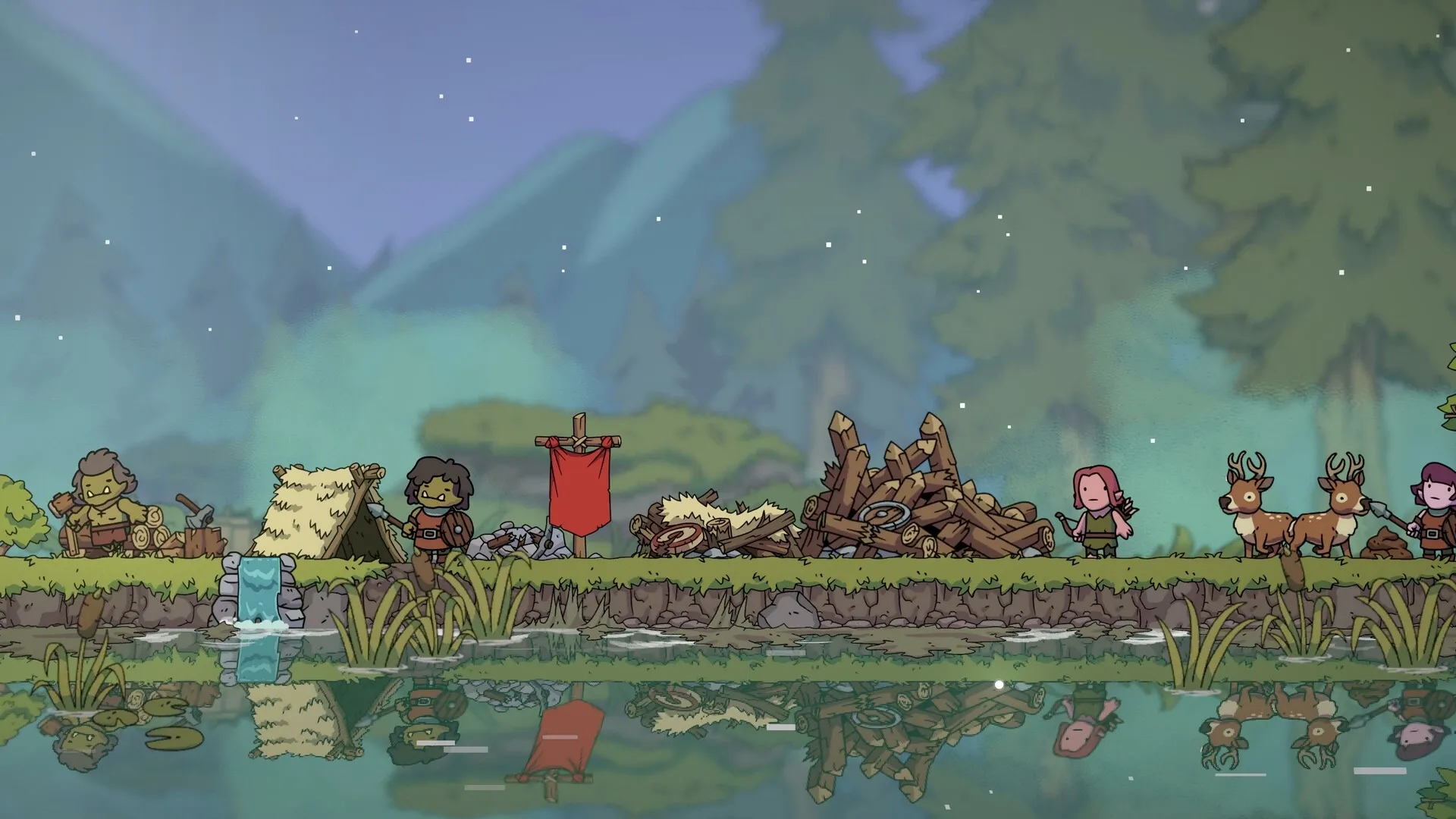 Liftlands: Characters by a campsite with logs, tents, and deer near a reflective river in a forest setting.
