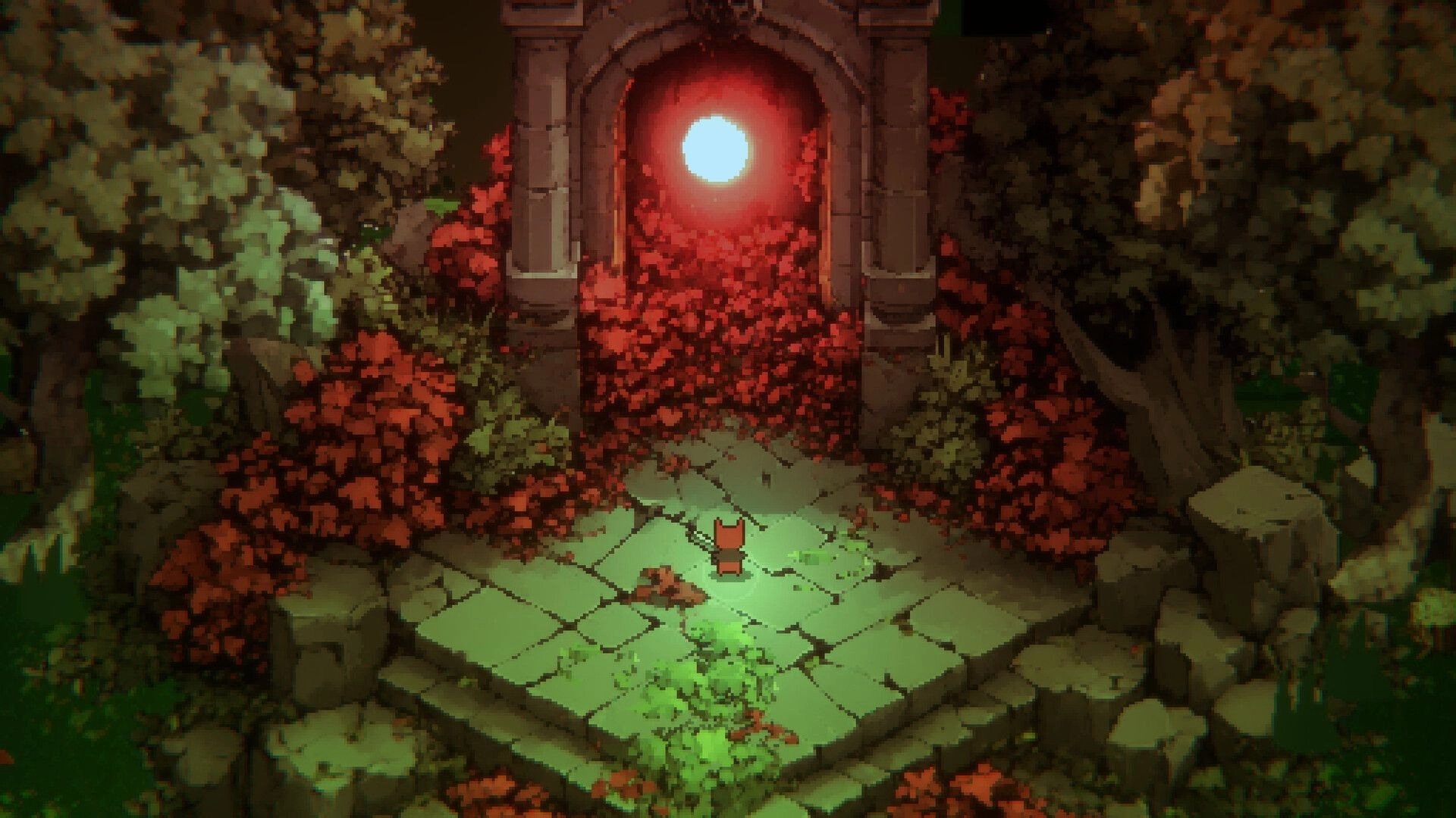 Light Devourer: Character stands before glowing portal in a forest with stone path and red vines