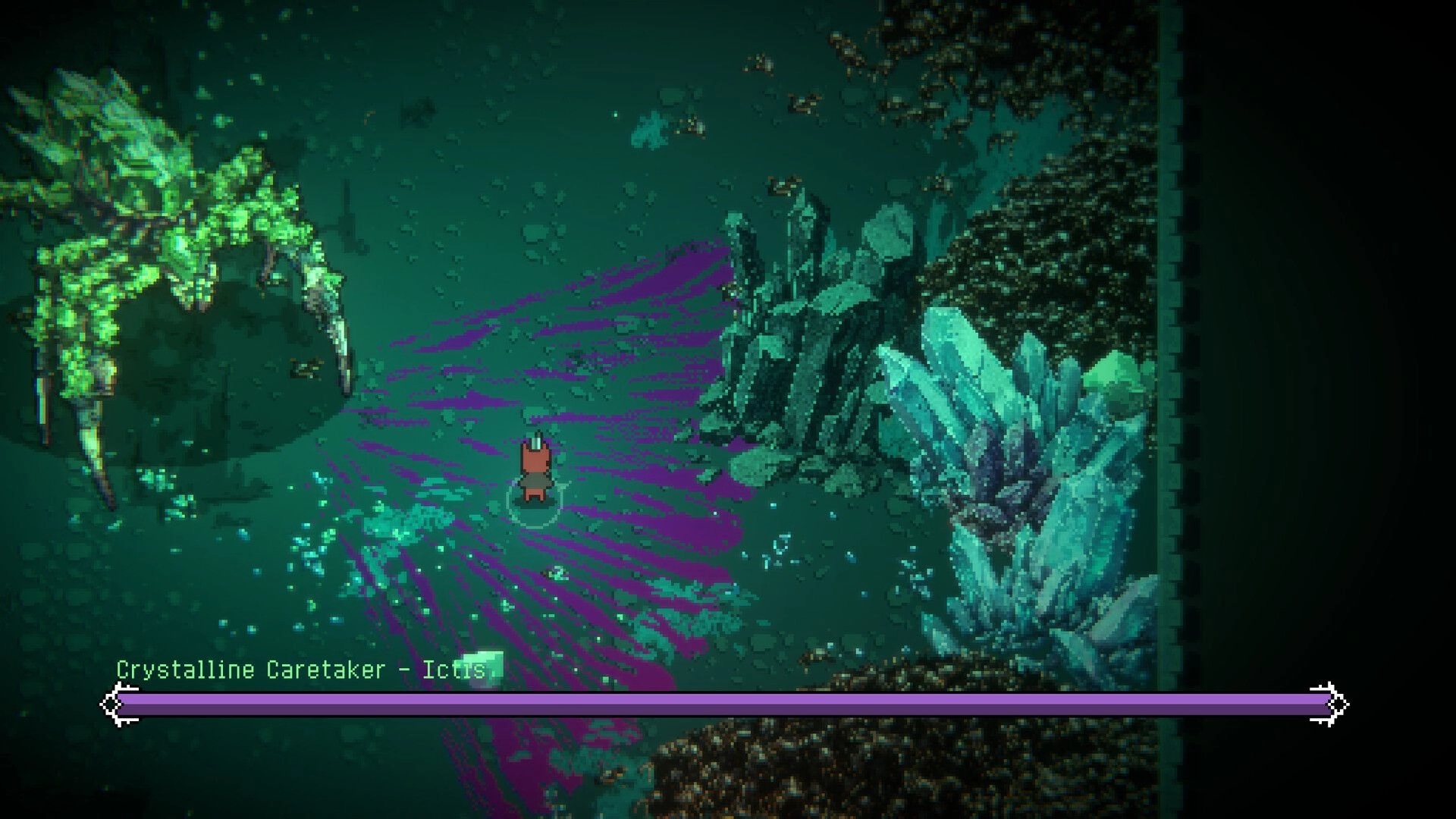 Light Devourer: Player faces Crystalline Caretaker in crystal cave with health bar displayed below