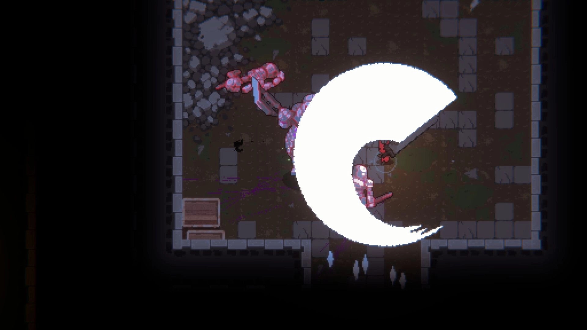 Light Devourer: Player unleashes a massive energy attack in a dungeon, surrounded by stone walls and debris