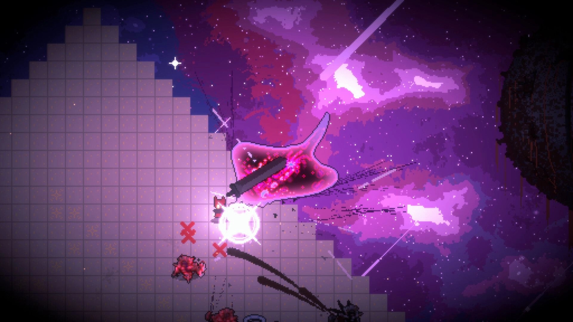 Light Devourer: Player battles a glowing pink creature in a cosmic, grid-like environment with starry sky.
