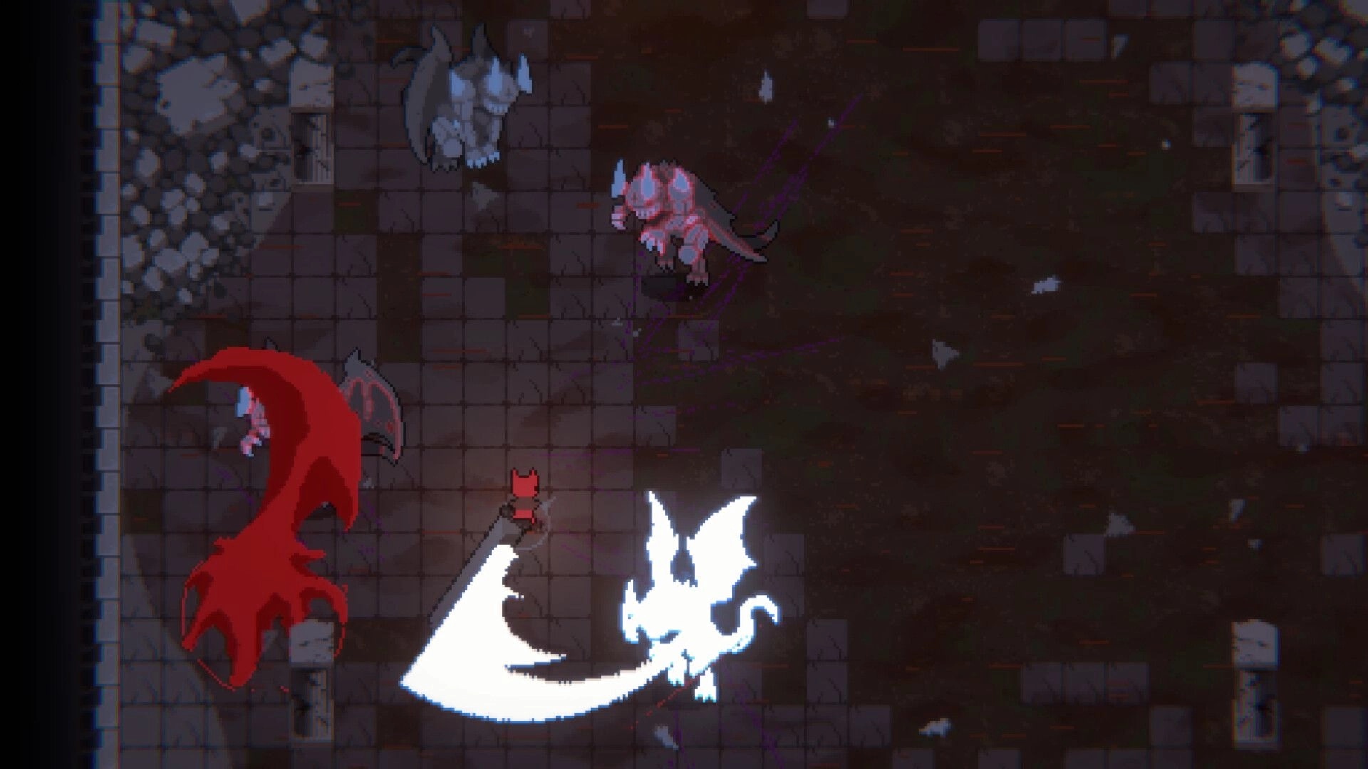 Light Devourer: Player battles three demonic creatures on a dark, grid-based dungeon floor.