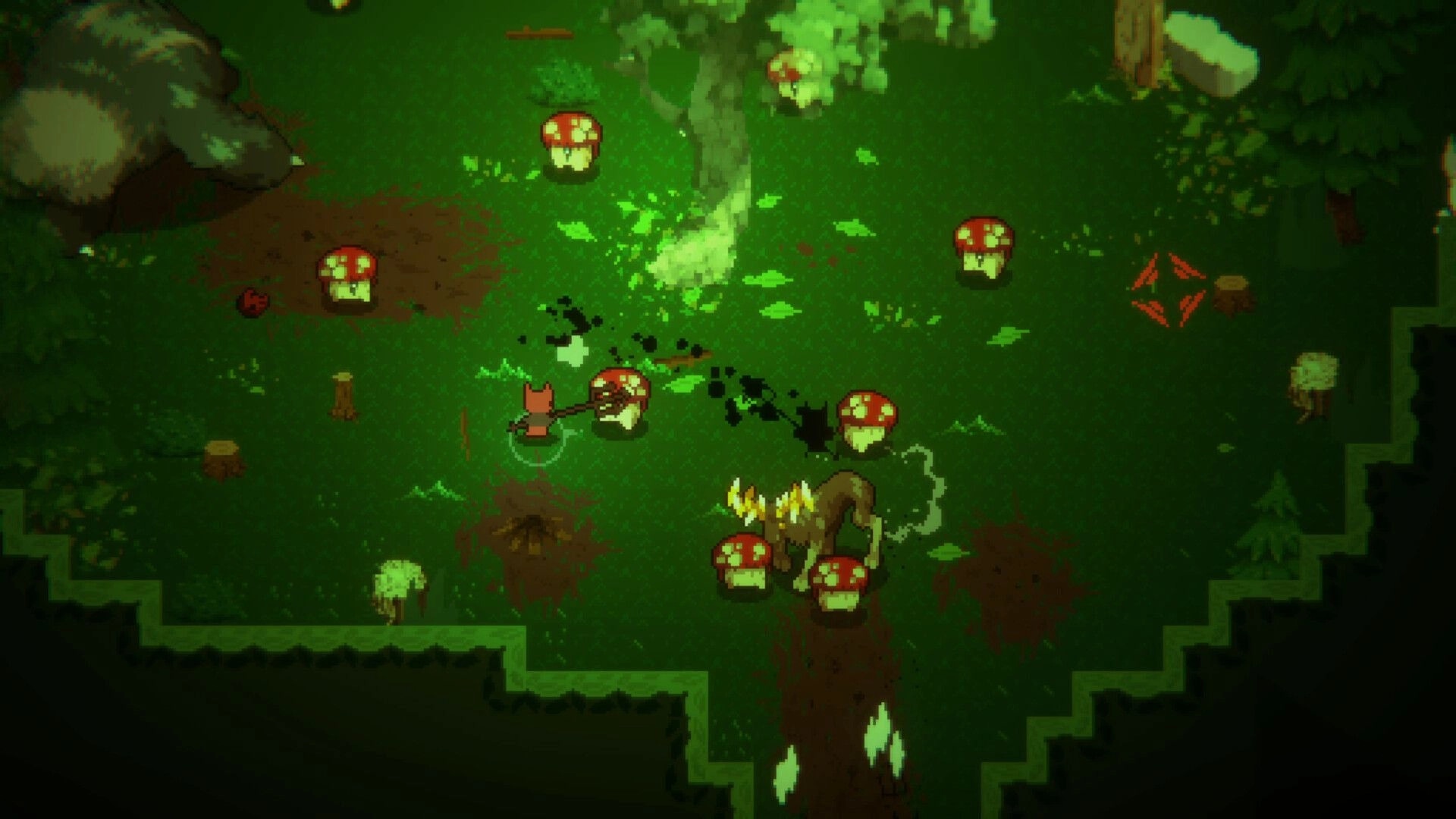 Light Devourer: Engaging in combat with mushroom foes in a lush, forested pixel-art environment.