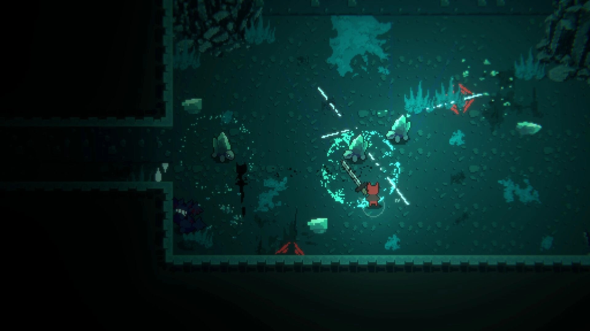 Light Devourer: Player in combat with creatures in a dark dungeon environment with glowing effects