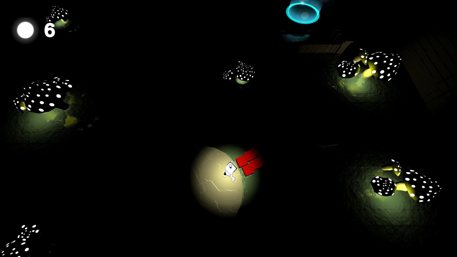 Light Dude: Player in small light circle dodging spotted enemies in dark cave, orb counter 6 HUD.