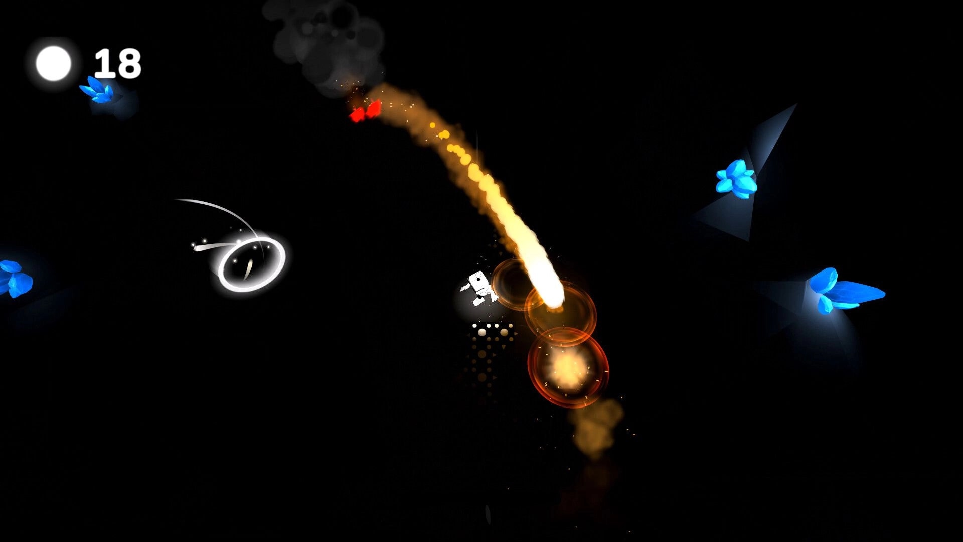 Light Dude: Glowing character dodges a flaming projectile in a dark cavern with blue crystals, 18 UI.
