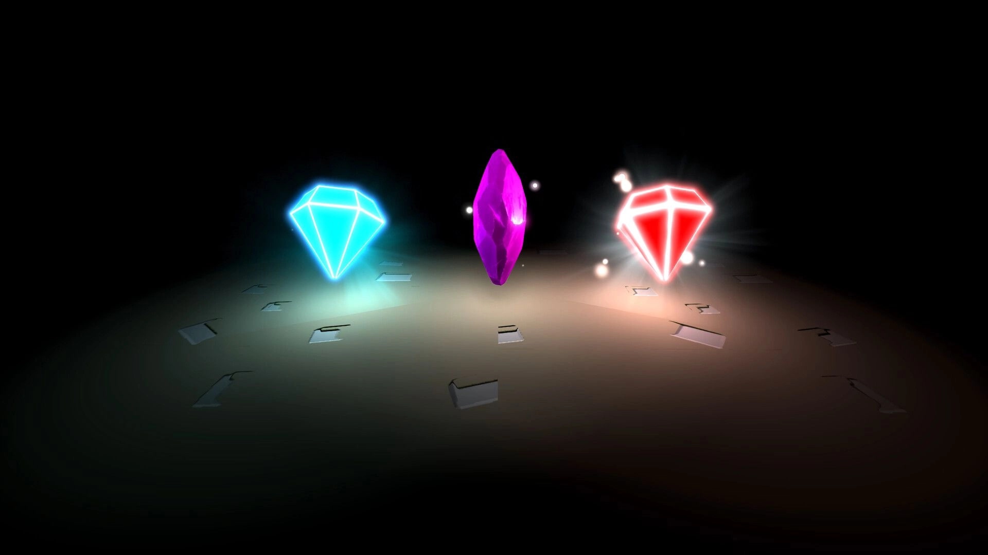 Light Dude: Three glowing gems float in darkness, blue and red diamonds flanking a purple crystal.