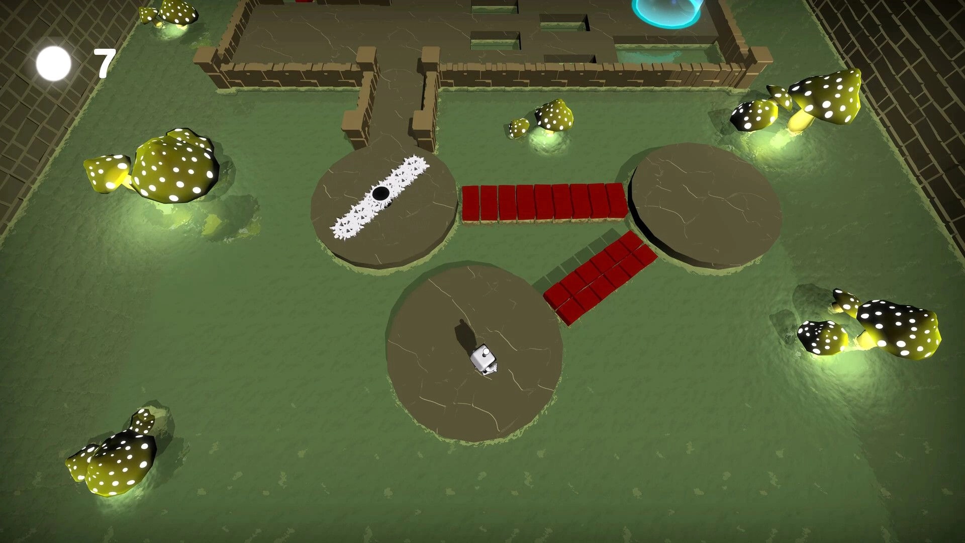 Light Dude: Top-down platforming across round islands with red bridges and glowing mushrooms, 7 lives UI.