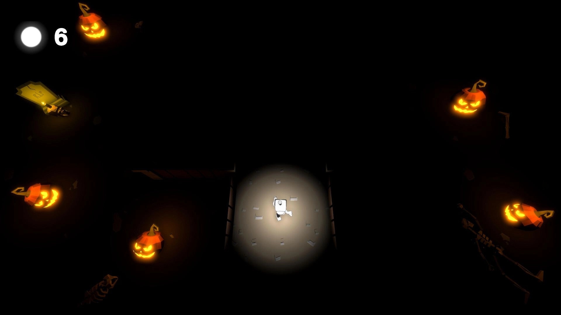 Light Dude: White hero in spotlight amid darkness, dodging glowing jack-o-lanterns, 6 UI counter.