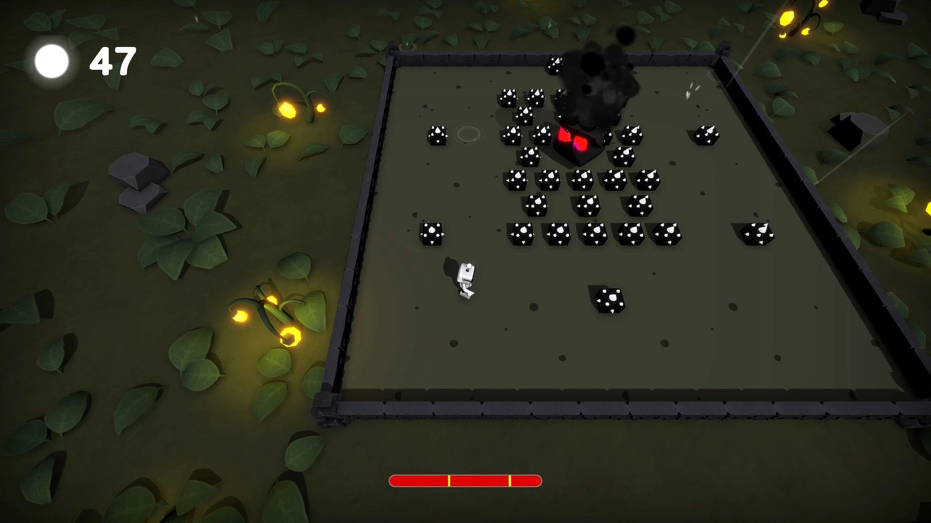 Light Dude: White robot dodges spiky cubes in fenced arena, boss smoke with red eyes, 47 UI.
