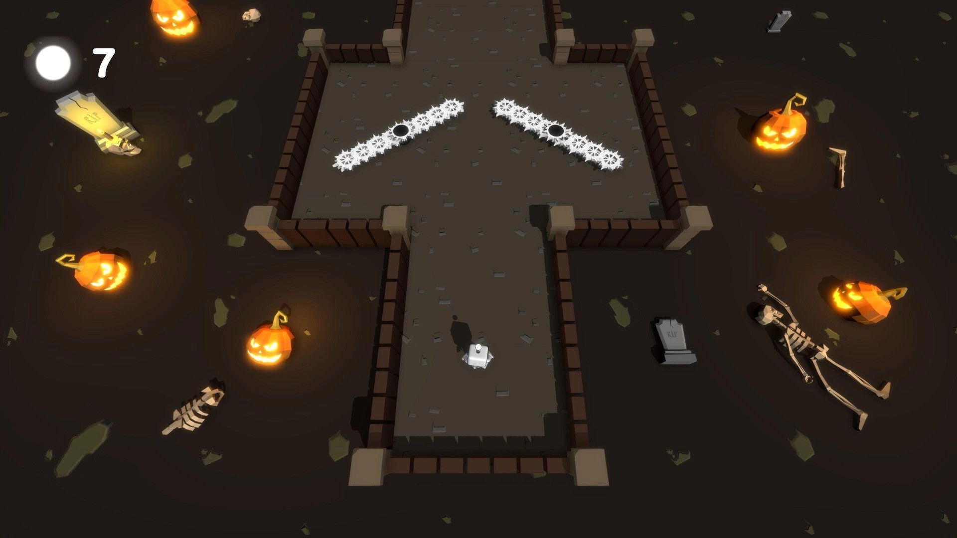 Light Dude: White cube hero in graveyard corridor with spinning saw traps, pumpkins, and skull UI 7.