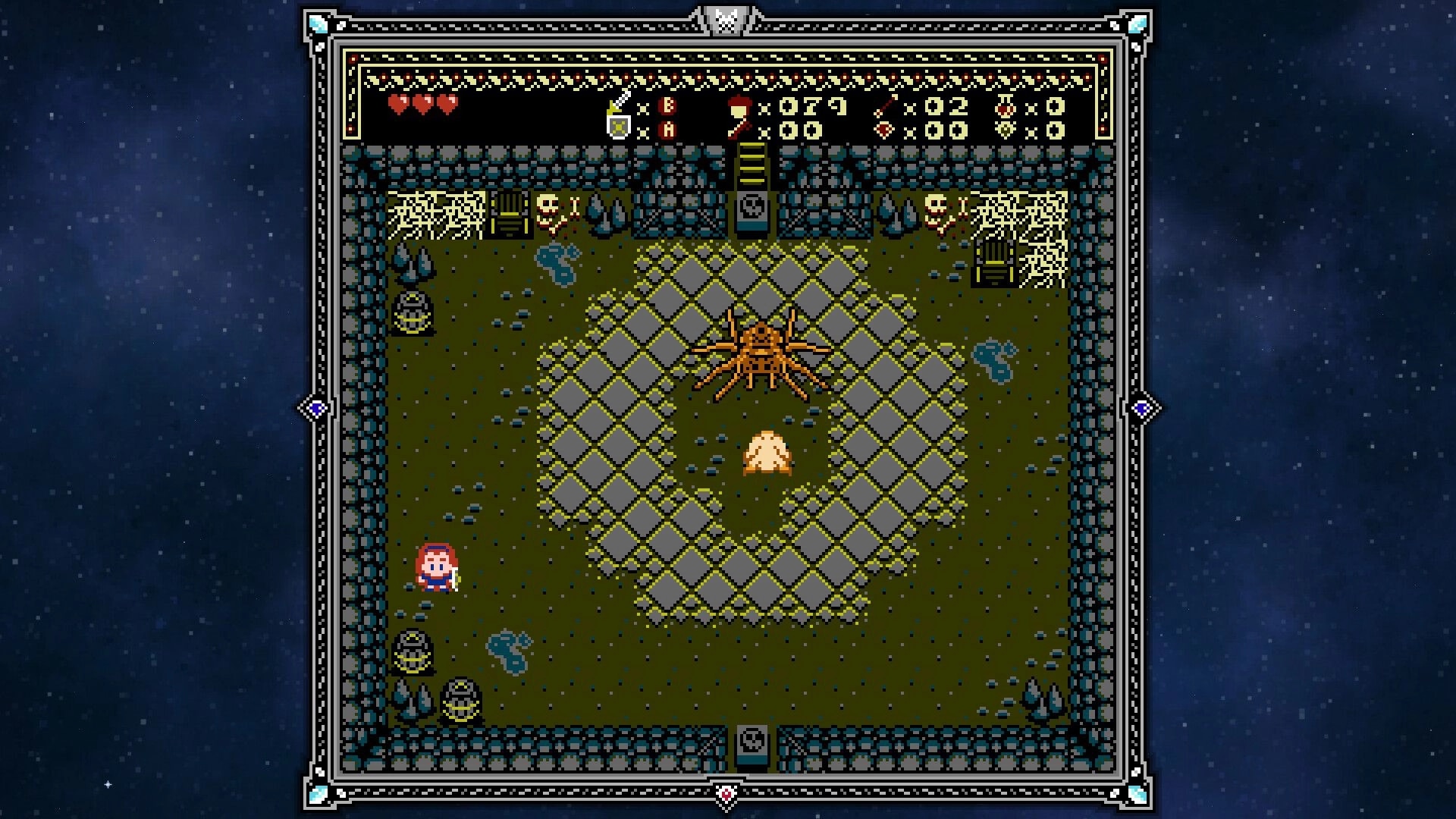 Light From Within: Hero faces giant spider boss in stone dungeon room with hearts and counters UI.
