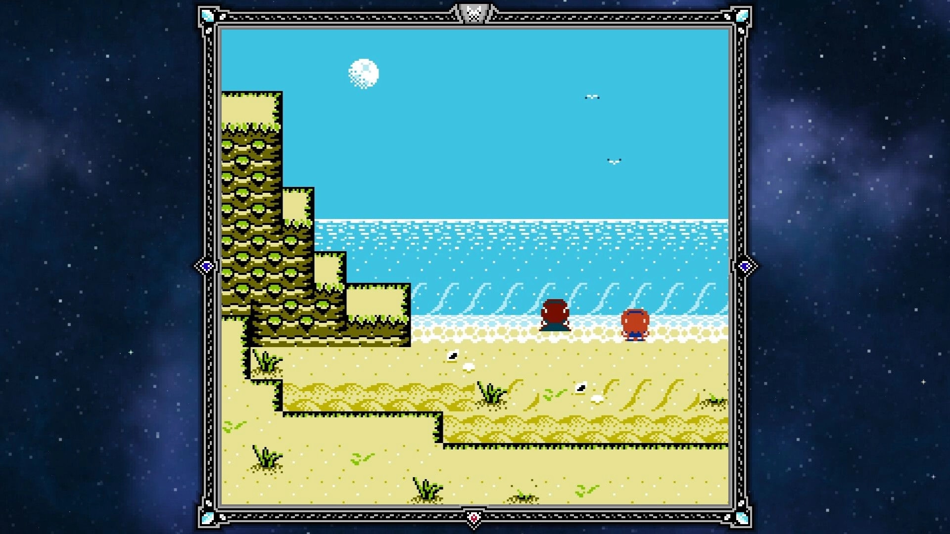 Light From Within: Two pixel characters stand on a beach by waves under moon, ornate frame HUD.