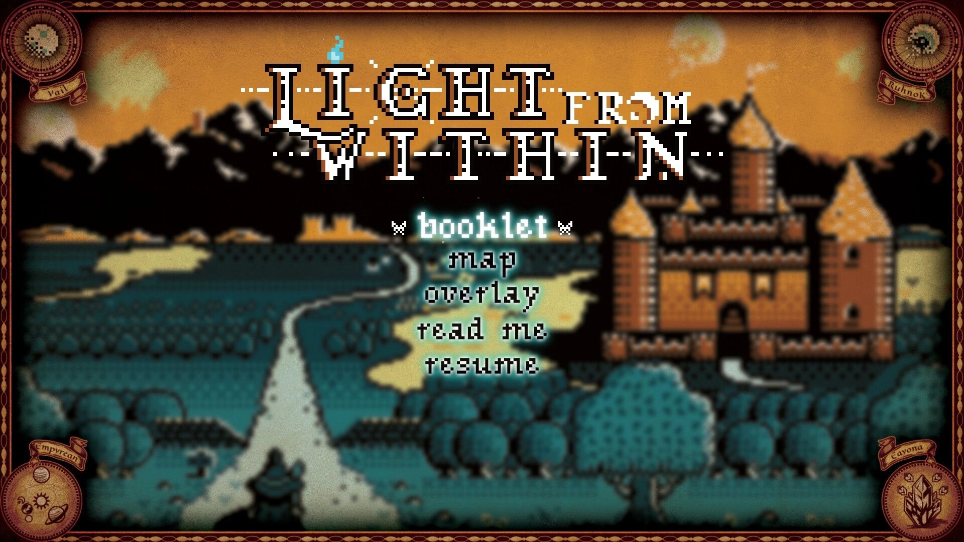 Light From Within: Pause menu options over pixel castle and forest map with Light From Within title.