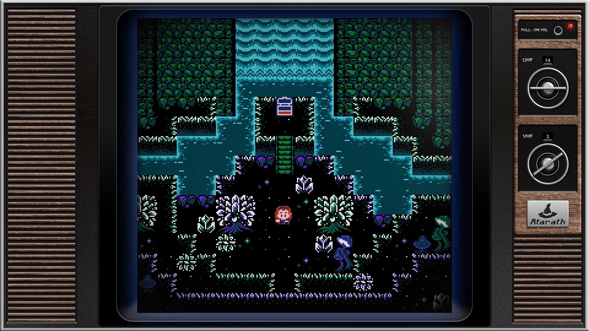 Light From Within: Adventurer stands by glowing plants near a waterfall and ladder in a cave room.