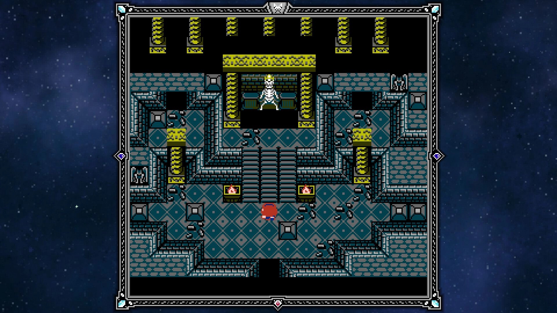 Light From Within: Player approaches stairs to a crowned skeleton in a stone dungeon chamber with torches.
