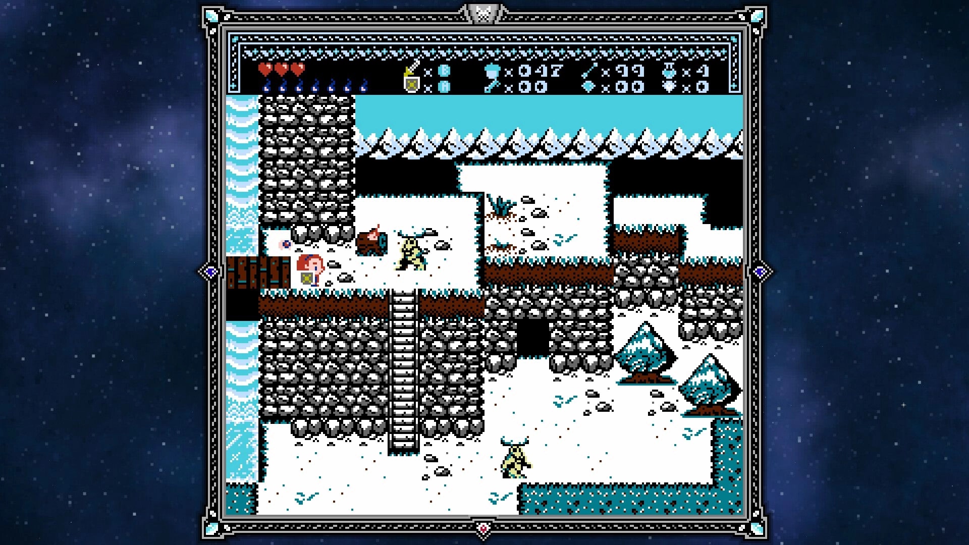 Light From Within: Hero attacks a green enemy in snowy ruins with ladder, waterfalls, and HUD hearts.