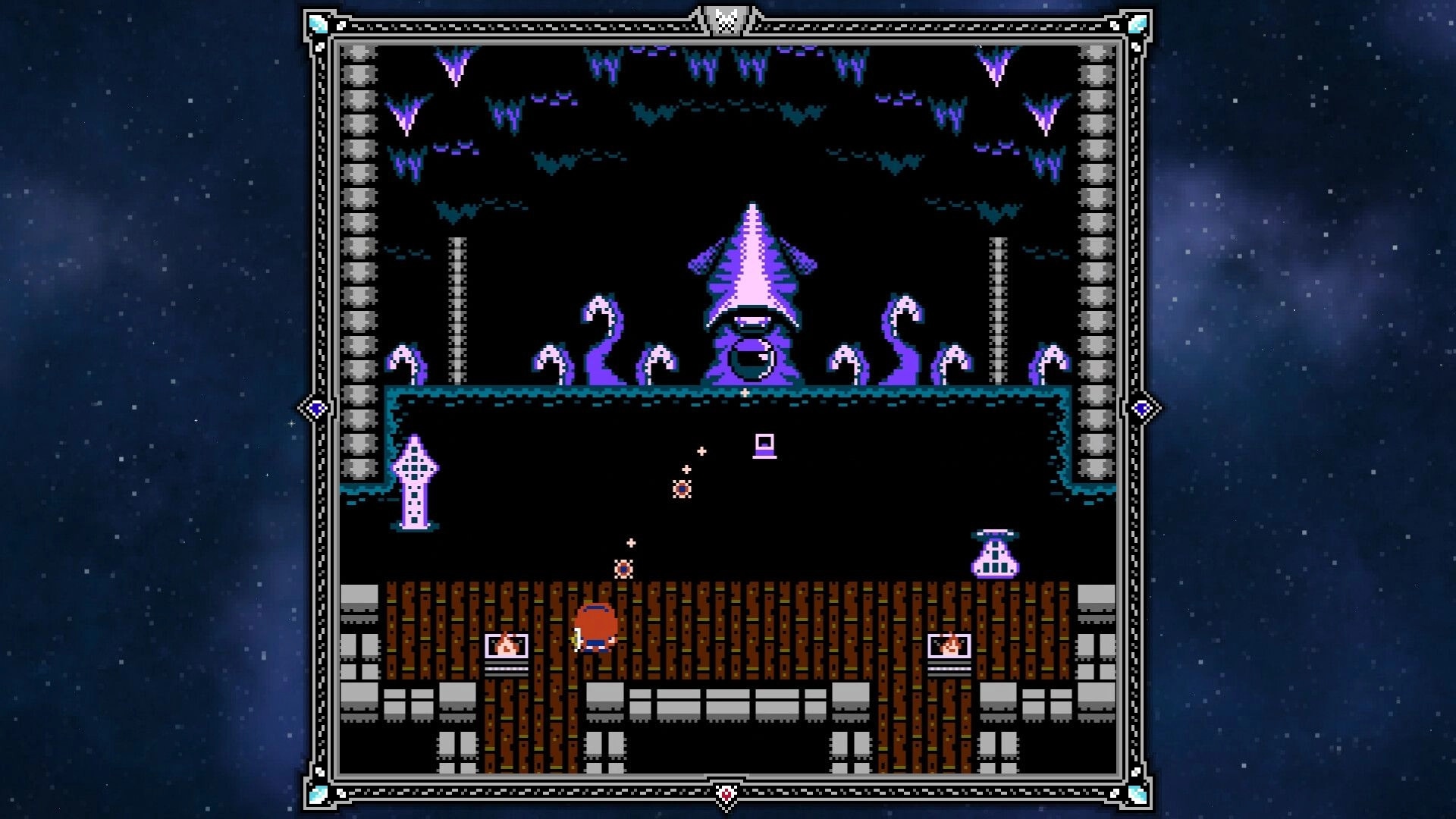 Light From Within: Hero dodges projectiles in a purple cavern shrine with tentacles and bats above.
