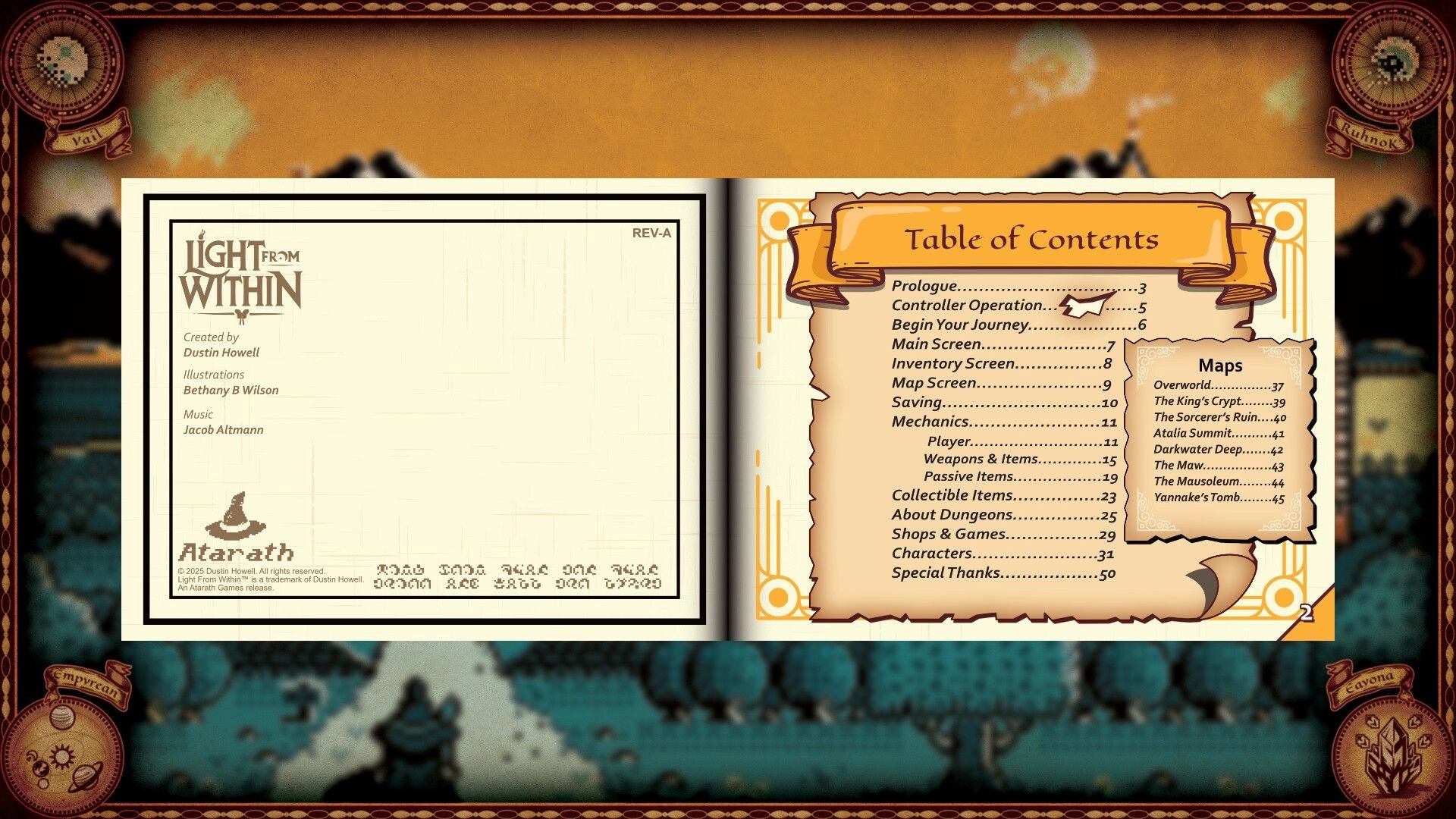 Light From Within: Table of Contents book UI open over parchment map background with location badges.