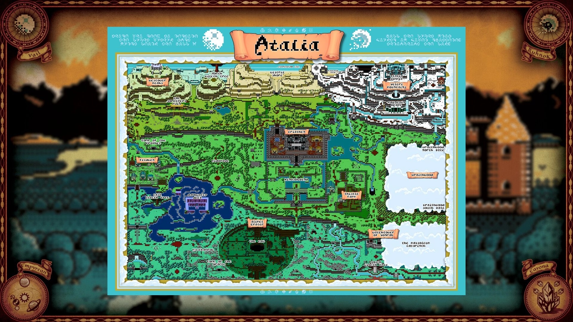 Light From Within: World map screen of Aralia with labeled regions, towns, rivers, and clouds.