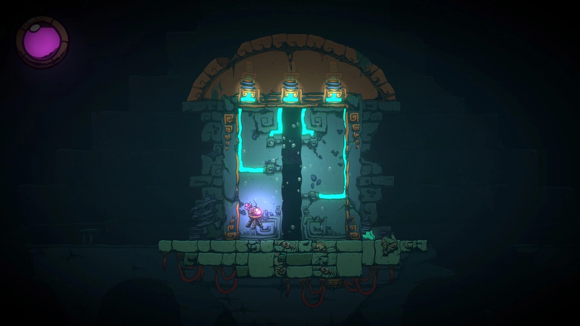 Light of Atlantis: Robot explores ancient ruins with glowing symbols, adjusting water levels in dim cavern.