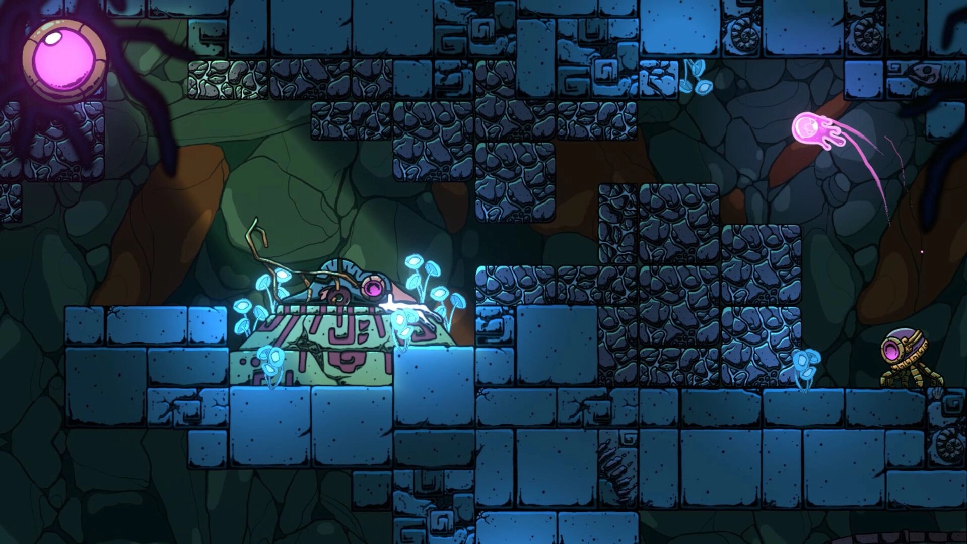 Light of Atlantis: Puzzle-solving with glowing platforms and robots in an ancient underwater cave.